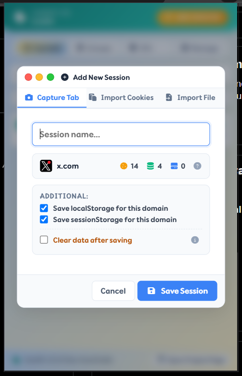Add Session modal capturing cookies and browser storage