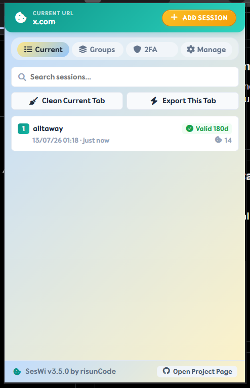 Current tab session tools and active saved session