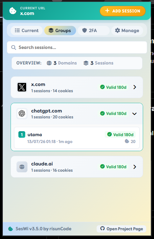 Groups tab showing saved sessions by domain