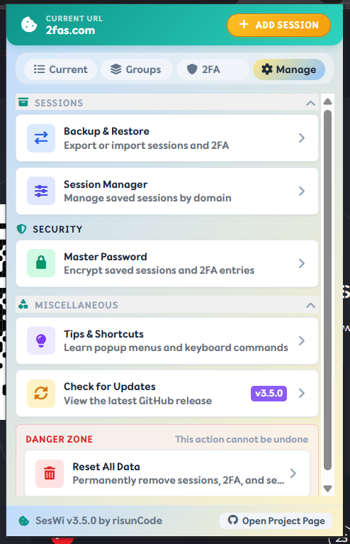 Manage tab with session, security, and extension controls